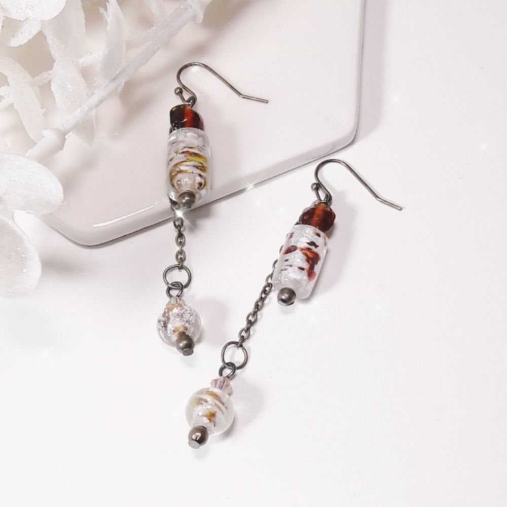 Artisan Earrings  014L# Foil Glass umber crystals long bronze chain boho earring